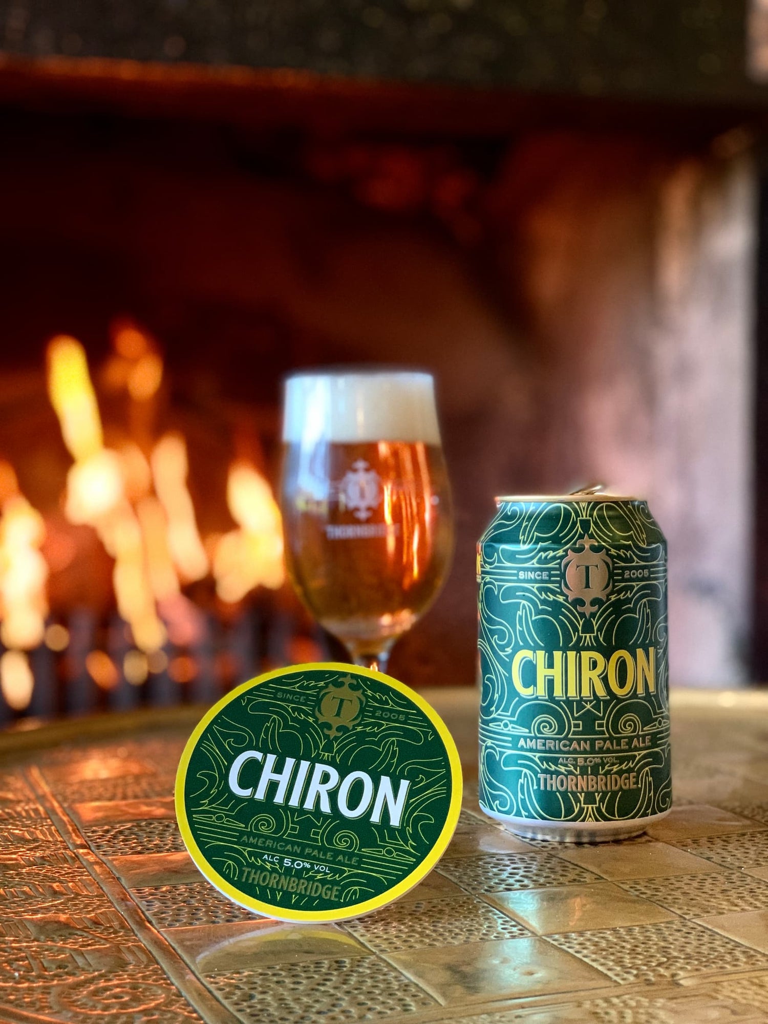Chiron by the fireside in a Thornbridge Pub