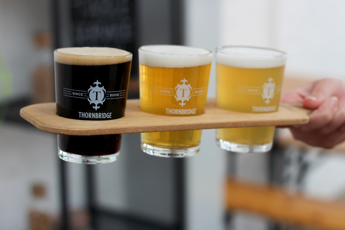 Thornbridge Wooden Beer Flight Paddle and 3 x 1/3rd of a pint glasses Glassware Thornbridge