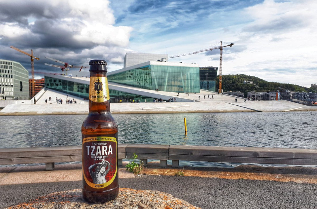 A bottle of Tzara against a backdrop of Oslo, Norway