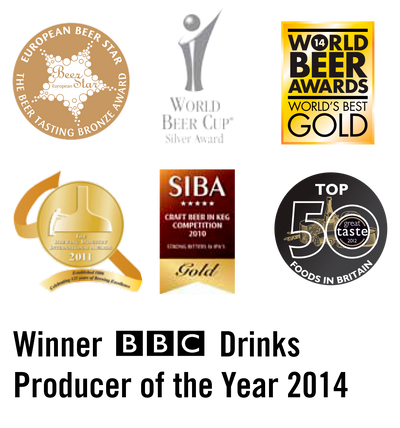 Collection of awards and accolades with text 'Winner BBC Drinks Producer of the Year 2014' on a white background
