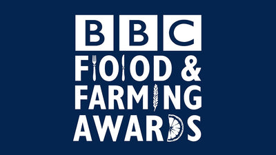 White BBC Food & Farming Awards text logo on a dark navy blue background.