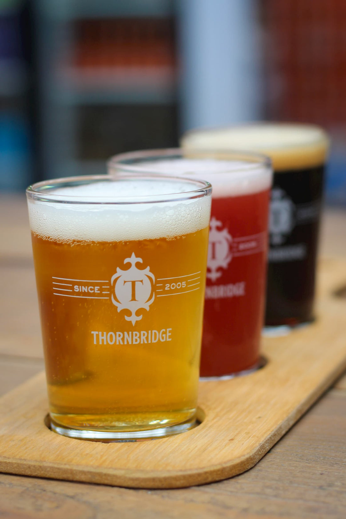 Thornbridge Wooden Beer Flight Paddle and 3 x 1/3rd of a pint glasses